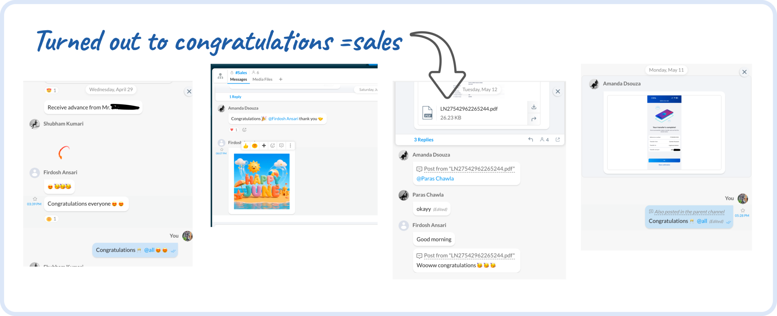 Team chats celebrating closed sales from AI SEO leads