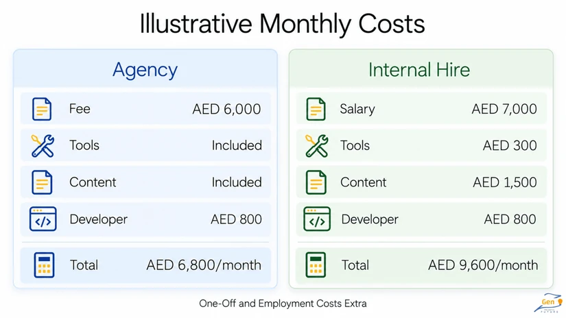 illustrative monthly cost of seo agency vs in house seo for a dubai business