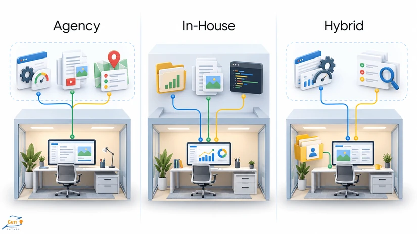 seo agency vs in house seo compared with hybrid setups for a service business
